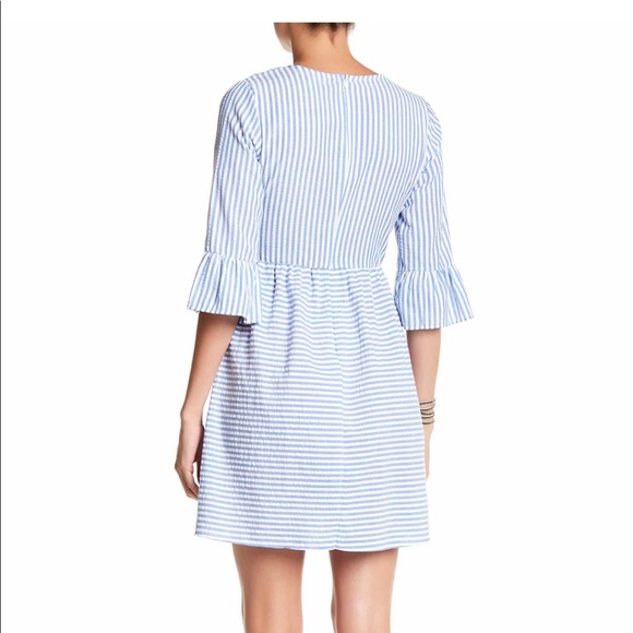 Blue striped seersucker dress ruffle sleeves - Picture 2 of 7